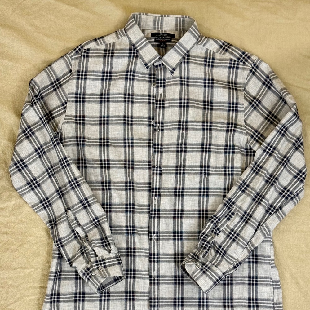 Marc Anthony Natural Stretch Plaid Button-Up Shirt – XL Slim Fit – Gray/Black